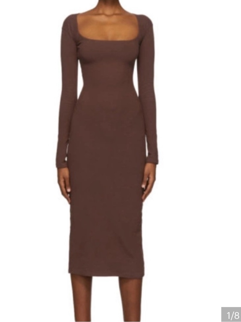 Long-Sleeve Square Neck Midi Dress in Chocolate Brown